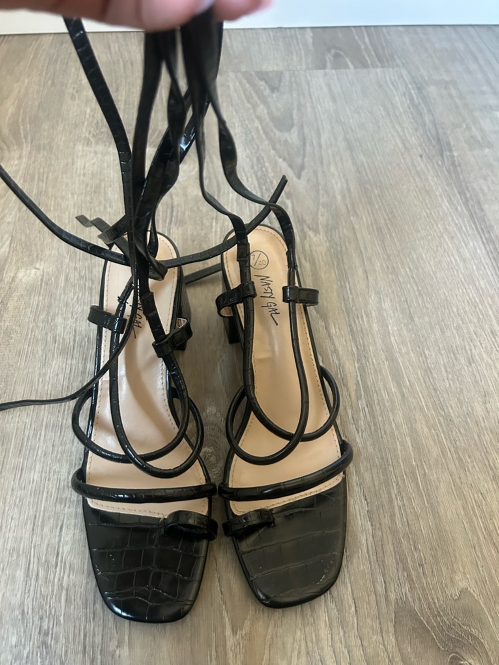 Nasty Gal Black Faux-Croc Lace-Up Heeled Sandals